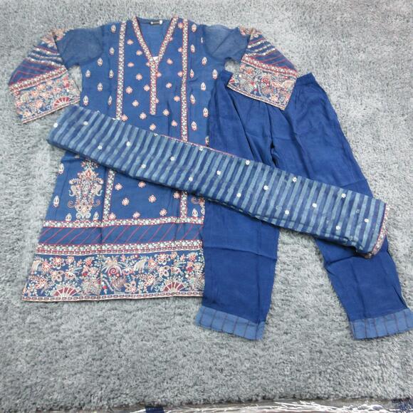 MOTIFZ Other - MOTIFZ 3 Piece Set Womens L Blue Embroidered Sequin V-Neck Kurta Pants Dupatta